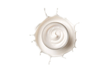 Fototapeta premium White cosmetic jar with cream inside surrounded by white milk splash with crown formation, isolated on a transparent background