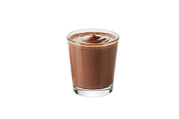 Short glass tumbler filled with rich chocolate milk topped with creamy foam layer, isolated on a transparent background