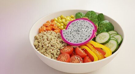 Dragon fruit in a Buddha bowl with quinoa and vegetables, healthy lifestyle