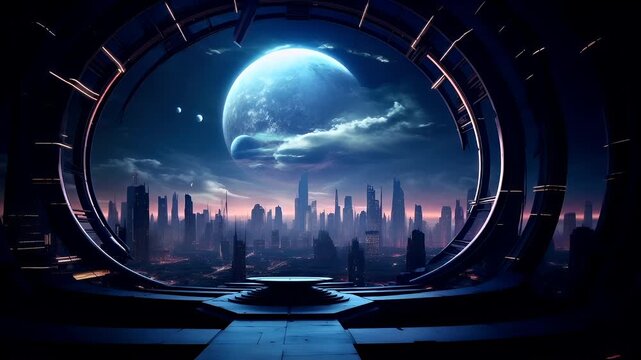 A futuristic cityscape is depicted through a circular window, revealing a vast expanse of the sky. The city is a blend of highrise buildings and skyscrapers.