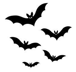 Halloween bat flat illustrations set. Black bats design elements collection. Simple icons.
