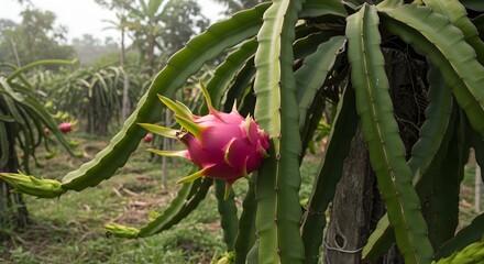 Dragon fruit growing on a cactus plant, natural farming environment