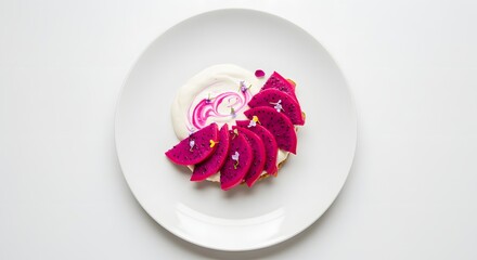 Overhead shot of dragon fruit dessert on a white plate with artistic plating