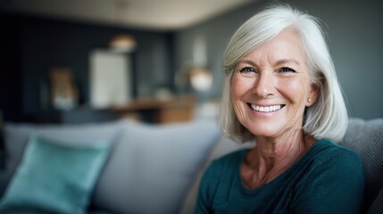 A middle-aged woman with shoulder-length white hair and wearing green was smiling happily on the sofa at home; The frontal composition has a blurred background, natural colors, and emotional warmth.