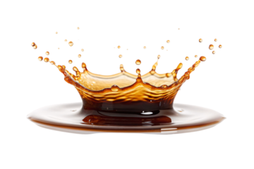 Coffee splash crown with golden droplets creating dynamic beverage photography in brown liquid, isolated on a transparent background