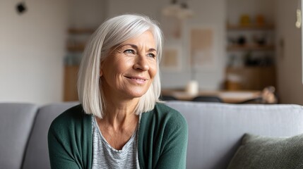 Obraz premium A middle-aged woman with shoulder-length white hair and wearing green was smiling happily on the sofa at home; The frontal composition has a blurred background, natural colors, and emotional warmth.