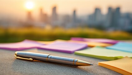 A silver pen rests on a surface with colorful sticky notes.  Cityscape in the background
