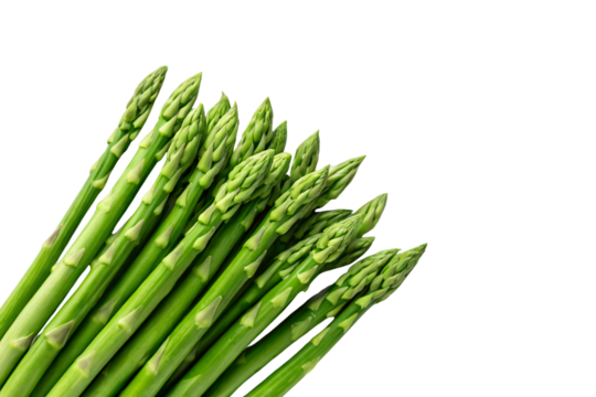 Bundle of fresh asparagus spears arranged showing vibrant green color with detailed tip textures, isolated on a transparent background