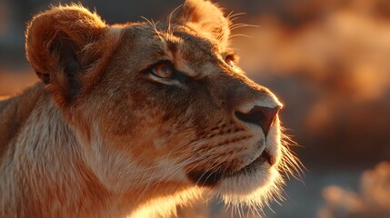 Naklejka premium Close-up of a lioness's head at sunrise.