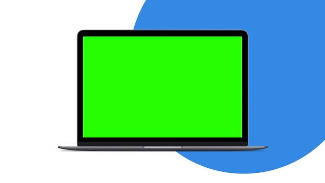 A gray laptop with a vibrant green screen displays a blank template, ideal for showcasing video or image overlays.