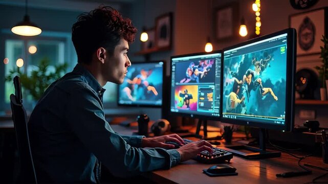 A man works on video editing software, using multiple monitors to enhance his workflow and productivity.