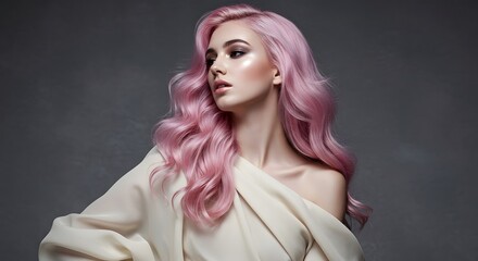 High-fashion portrait of a young woman with pastel pink hair, dramatic makeup, and soft studio lighting, editorial photography style.