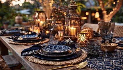 Outdoor dining table set, featuring dark navy and gold accents, with lanterns and candles