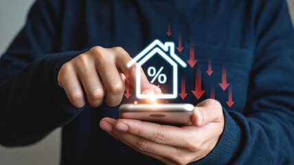 Person holding phone with house icon and falling percentage symbols