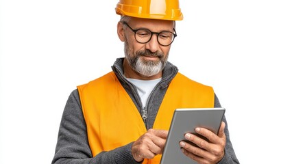 Construction site engineer analyzing safety data on tablet wearing helmet urban environment work concept