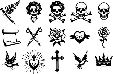 Naklejka premium Gothic Skull and Rose Tattoo Design Bundle