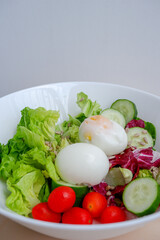 Healthy food, a bowl of salad, consist of eggs, lettuce, cherry tomatoes, cucumber, sunflower seeds, and red romaine