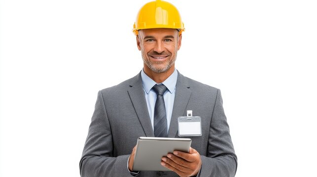 Engineer analyzing safety data on tablet in construction site environment focusing on project insights