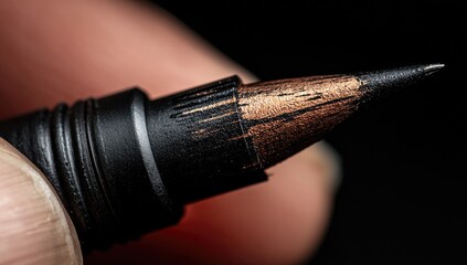 Close-up of a pen's tip.  Dark metallic body, copper-colored marking on point.  Hand holding