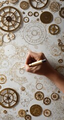 Hand drawing intricate design on a white surface covered with gold gears and clockwork parts