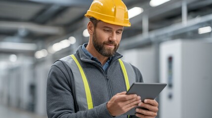 Engineer analyzing safety data on tablet in modern industrial environment worksite perspective
