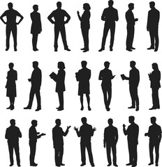 Business professionals silhouettes, diverse poses collection, standing talking reading, corporate attire, teamwork collaboration, office environment, black white isolated figures