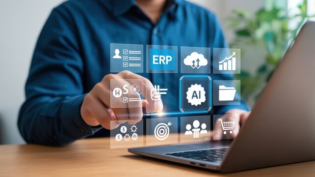 A person points to "AI" and "ERP" icons on a laptop, symbolizing business automation, enterprise resource planning, and technological integration.