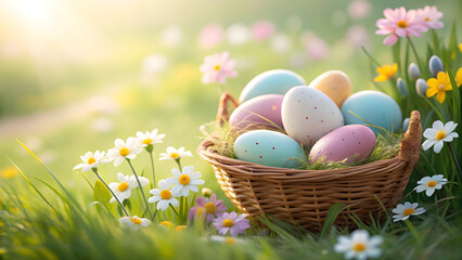 Charming Easter basket brimming with pastel eggs nestled amongst spring wildflowers