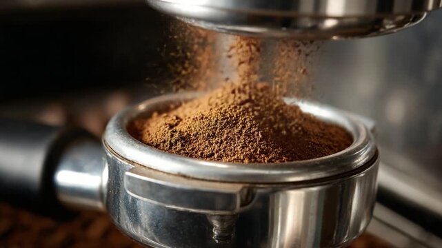Espresso Preparation: A close-up shot captures the art of coffee making as finely ground coffee powder cascades into a portafilter, setting the stage for a rich espresso experience.