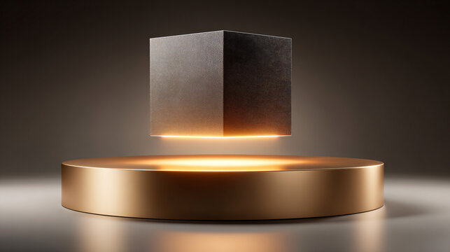 Metallic cube hovering above golden podium, modern presentation stage