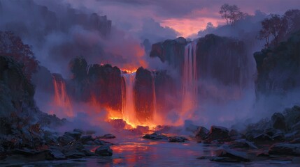 Naklejka premium Fiery waterfall over volcanic cliffs