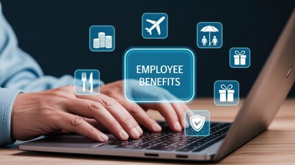 A person works on a laptop with an "EMPLOYEE BENEFITS" icon, symbolizing corporate welfare, compensation, and human resources.