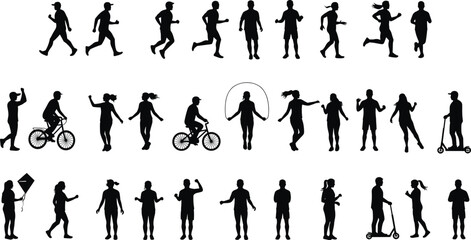 Outdoor activity silhouette set, people running, walking, biking, jumping rope, scooter riding, kite flying, exercise motion, fitness movement