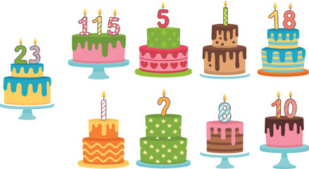 Colorful birthday cakes with candles and numbers, cartoon celebration desserts, decorated party cakes illustration, festive sweet treats, layered cake collection, vector on white background