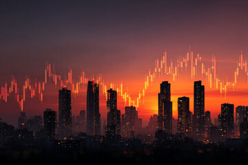Fototapeta premium A modern city skyline at sunset, with tall skyscrapers and glowing windows, seamlessly bending and merging into abstract financial charts