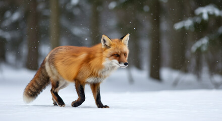 Obraz premium Red fox traversing snowy landscape, captured in winter, with trees background