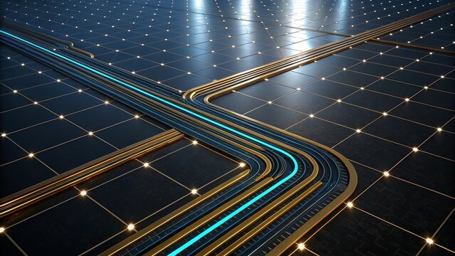 High resolution abstract 3D visualization of metallic blue and golden trading lines bending smo, showing vibrant trading energy flow in futuristic digital style