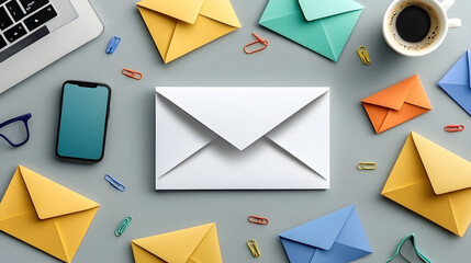 Overhead view of a workspace with colorful paper envelopes, a laptop, smartphone, and coffee cup.