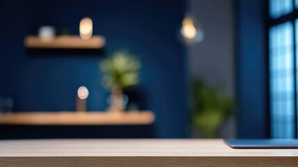 Textured Wood Desk Surface with a Moody Blurred Dark Blue Office Interior.