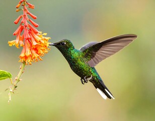Fototapeta premium A vibrant hummingbird with striking green and white feathers hovers gracefully, its long beak reaching into a beautiful orange flower to drink nectar.