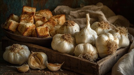 Still life depicts garlic bulbs, croutons, and cloves in wooden containers with a rustic cloth