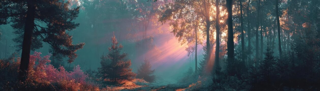 Frontal view of a mystical woodland with sunlit ethereal mist, serene atmosphere, enchanted colors