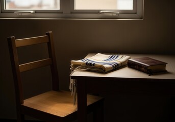 Prayer shawl and book on table near wooden chair for Yom Kippur