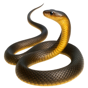 Black mamba snake isolated, some white light falling on it from above with some yellow light from some sides making it more visible and attractive, close-up, transparent background