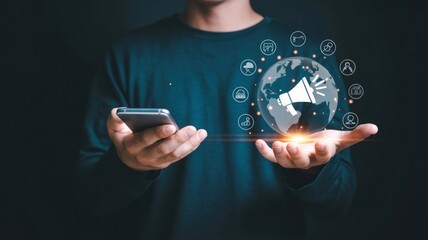 Man holding smartphone and digital globe with social media icons