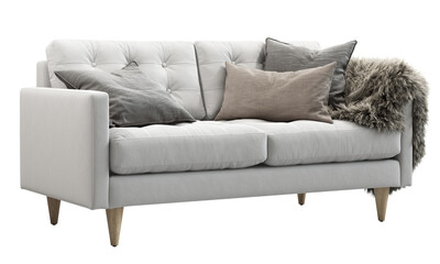 Midcentury tufted white fabric upholstery sofa with pillows and fur throw plaid. 3d render.