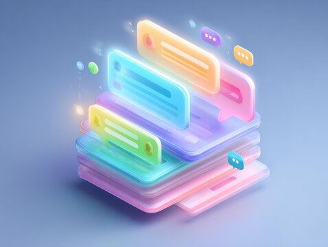 Glowing virtual assistant, 3D isometric bubble, layered chat UI, wide-angle perspective