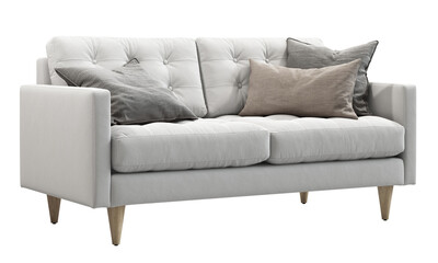 Midcentury tufted white fabric upholstery sofa with pillows and fur throw plaid. 3d render.