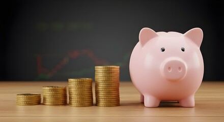 Piggy bank beside stacked coins, symbolizing savings concept, financial planning, and money management, clean background, close-up view, representing personal finance, budgeting, and economic growth.