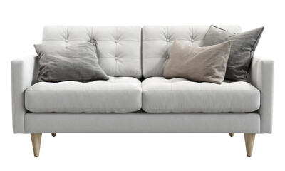 Midcentury tufted white fabric upholstery sofa with pillows and fur throw plaid. 3d render.